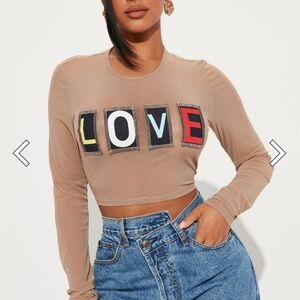 Tan Graphic Long Sleeve Crop Tee